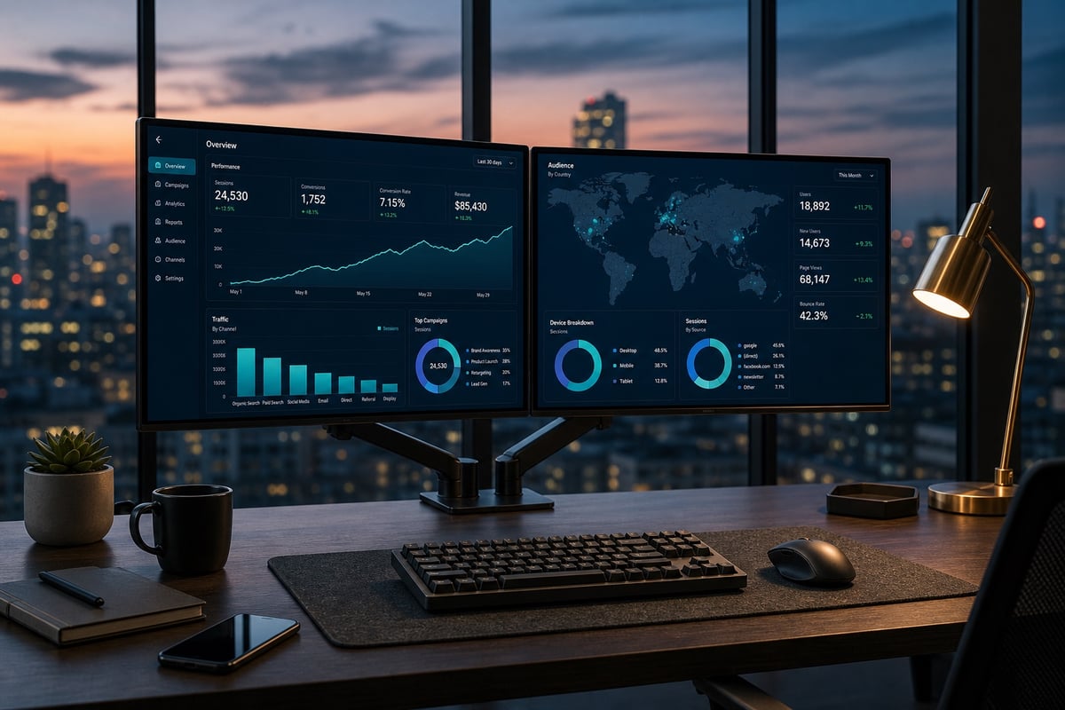 Dual-monitor desk showing digital marketing dashboards and performance metrics