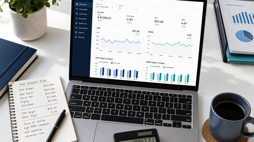 CPA ve ROAS grafikleri açık bir dizüstü, bütçe notları ve hesap makinesi — Google Ads teklif hedefi kontrolü